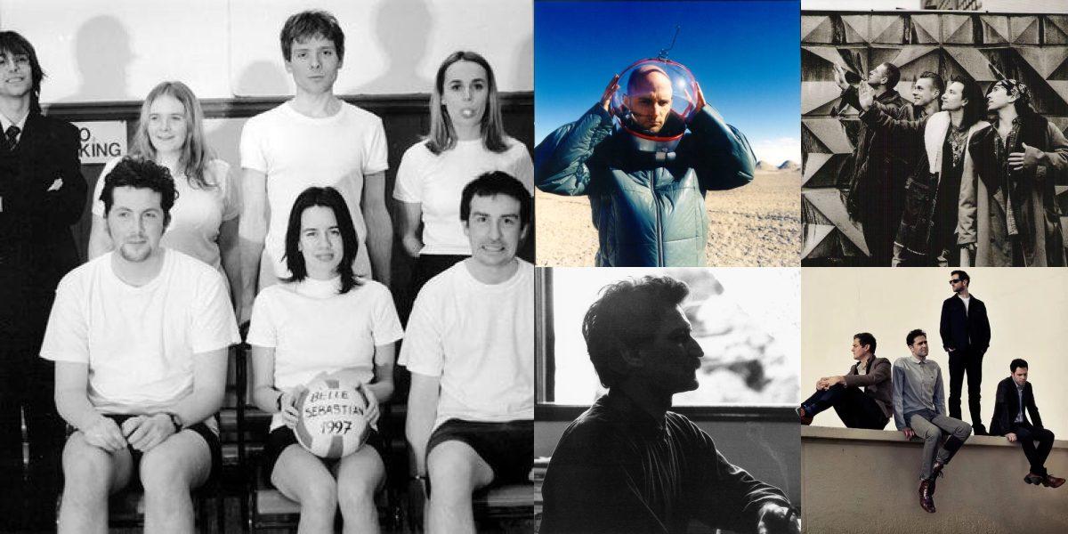 Colagem de fotos das bandas Belle and Sebastian, Moby, U2, Belchior, Keane